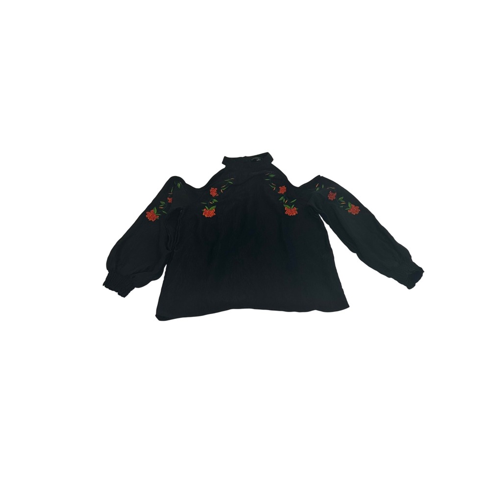 Lumiere Black Floral Embroidered Cold Shoulder High Neck Blouse Women's Medium‎ - Picture 7 of 7